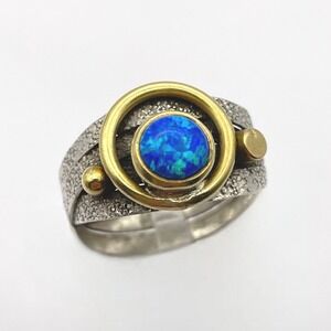 Artisan Rustic Blue Opal Sterling Silver Brass Ring‎ Textured Band 8 US